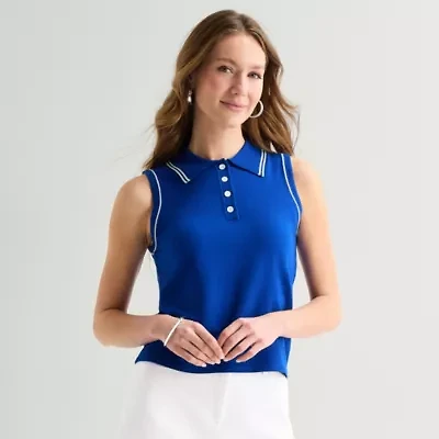 Liz Claiborne Womens Henley Neck Sleeveless Polo Sweater