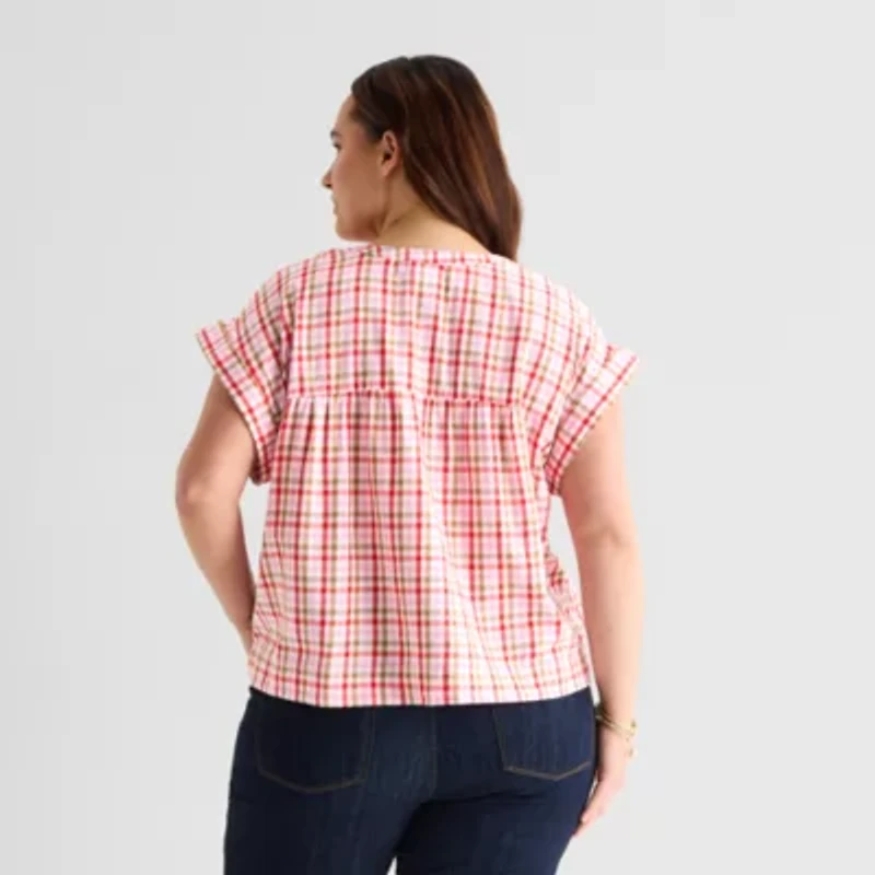 St. John's Bay Womens Plus Round Neck Short Sleeve Blouse