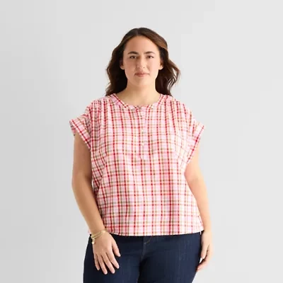 St. John's Bay Womens Plus Round Neck Short Sleeve Blouse