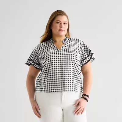 Liz Claiborne Womens Plus V Neck Short Sleeve Blouse