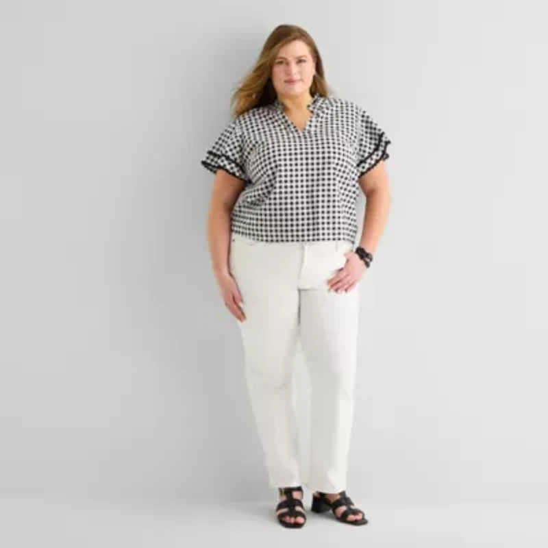 Liz Claiborne Womens Plus V Neck Short Sleeve Blouse