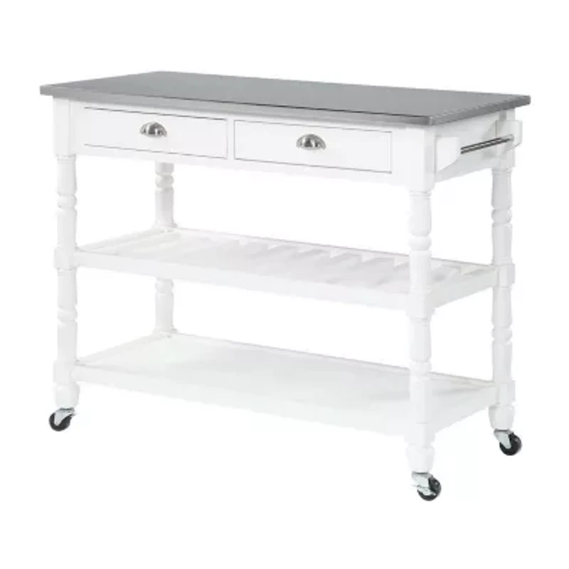 French Country Stainless Steel Counter Top Kitchen Cart with Wine Rack