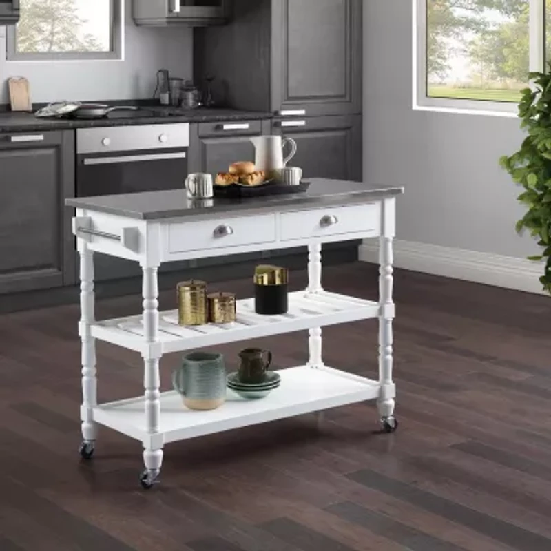 French Country Stainless Steel Counter Top Kitchen Cart with Wine Rack