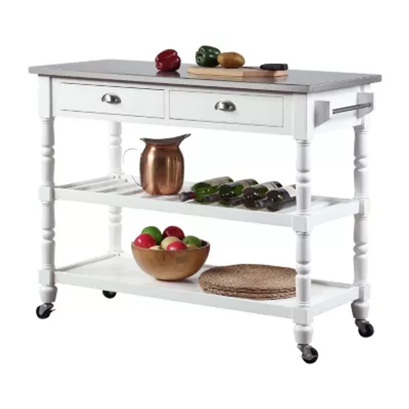 French Country Stainless Steel Counter Top Kitchen Cart with Wine Rack
