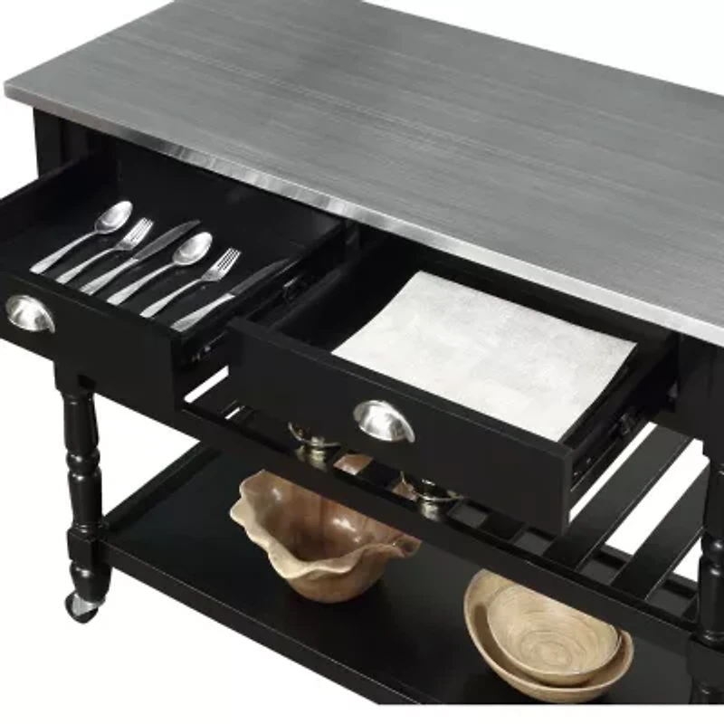French Country Stainless Steel Counter Top Kitchen Cart with Wine Rack