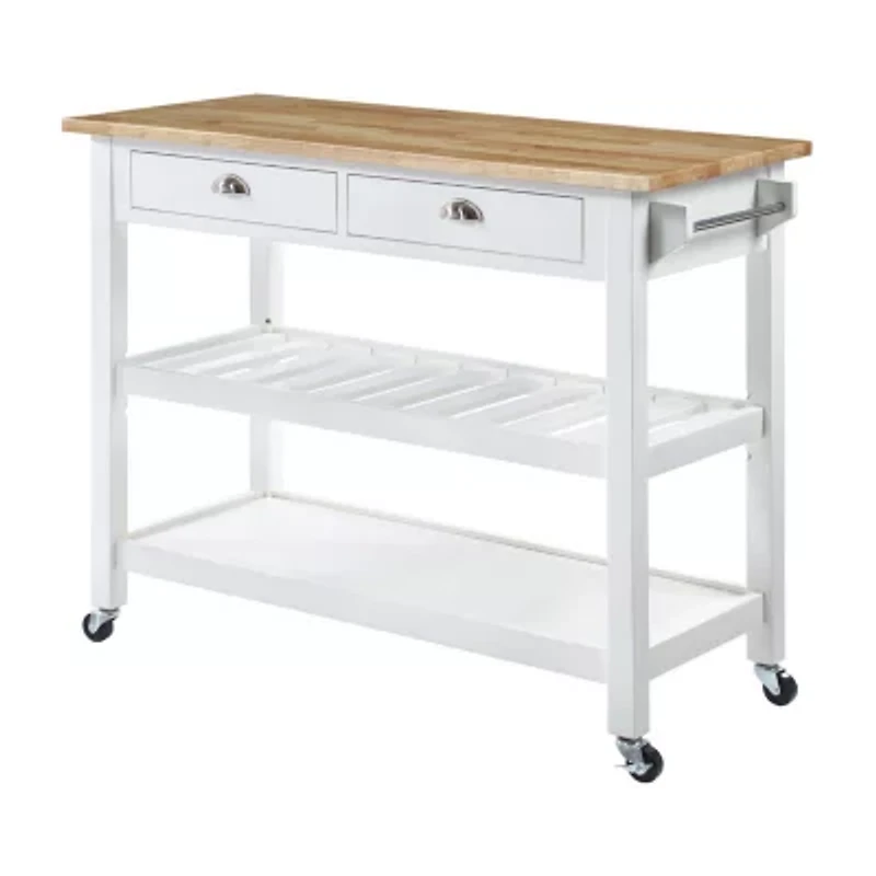 French Country Butcher Block Counter Top Kitchen Cart with Wine Rack
