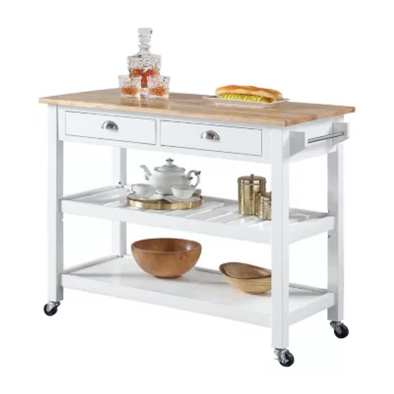French Country Butcher Block Counter Top Kitchen Cart with Wine Rack