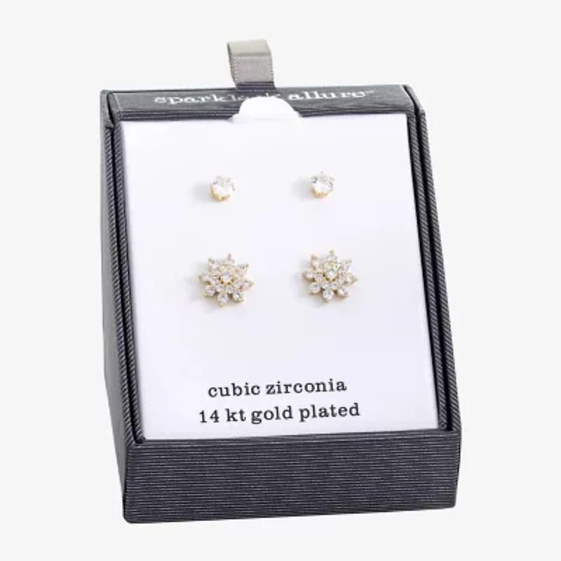 Sparkle Allure Womens Cubic Zirconia 14K Gold Over Brass Flower 2 Pair Earring Set