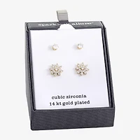 Sparkle Allure Womens Cubic Zirconia 14K Gold Over Brass Flower 2 Pair Earring Set