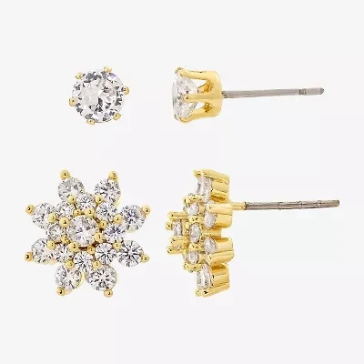 Sparkle Allure Womens Cubic Zirconia 14K Gold Over Brass Flower 2 Pair Earring Set