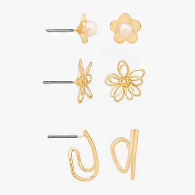 Bijoux Bar Delicates Gold Tone Womens Stainless Steel Flower 3 Pair Earring Set