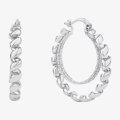 Silver Reflections Double Womens 38mm Hoop Earrings
