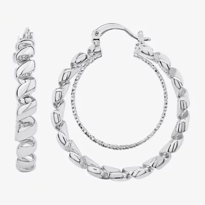Silver Reflections Double Womens 38mm Hoop Earrings