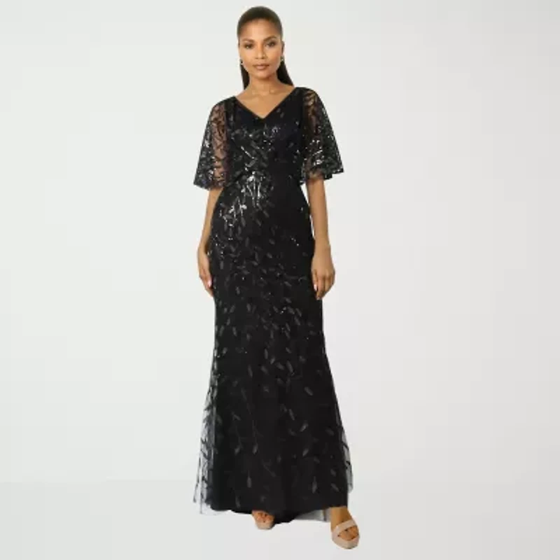 Rene by Ruiz Collection Womens Elbow Sleeve Embroidered Evening Gown