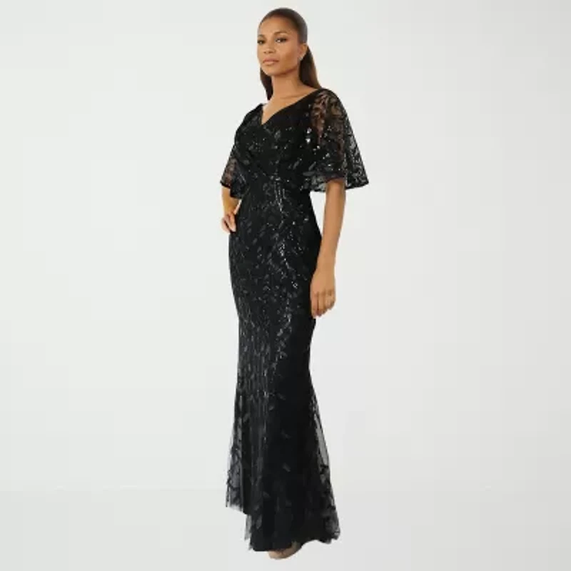 Rene by Ruiz Collection Womens Elbow Sleeve Embroidered Evening Gown