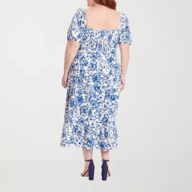 Clover And Sloane Womens Short Sleeve Floral Midi Plus Fit + Flare Dress
