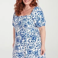 Clover And Sloane Womens Short Sleeve Floral Midi Plus Fit + Flare Dress