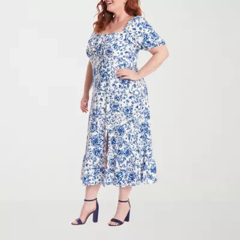 Clover And Sloane Womens Short Sleeve Floral Midi Plus Fit + Flare Dress