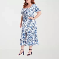 Clover And Sloane Womens Short Sleeve Floral Midi Plus Fit + Flare Dress