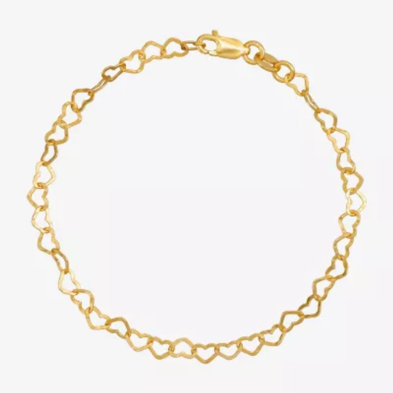 Made in Italy Womens 24K Gold Over Silver 7.5 Inch Solid Link Heart Chain Bracelet