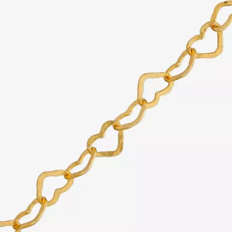 Made in Italy Womens 24K Gold Over Silver 7.5 Inch Solid Link Heart Chain Bracelet