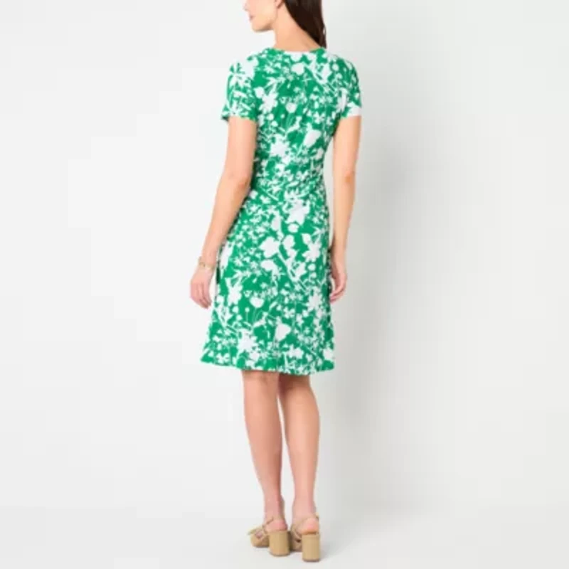 Perceptions Womens Short Sleeve Floral Midi Petite Fit + Flare Dress
