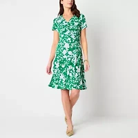Perceptions Womens Short Sleeve Floral Midi Petite Fit + Flare Dress