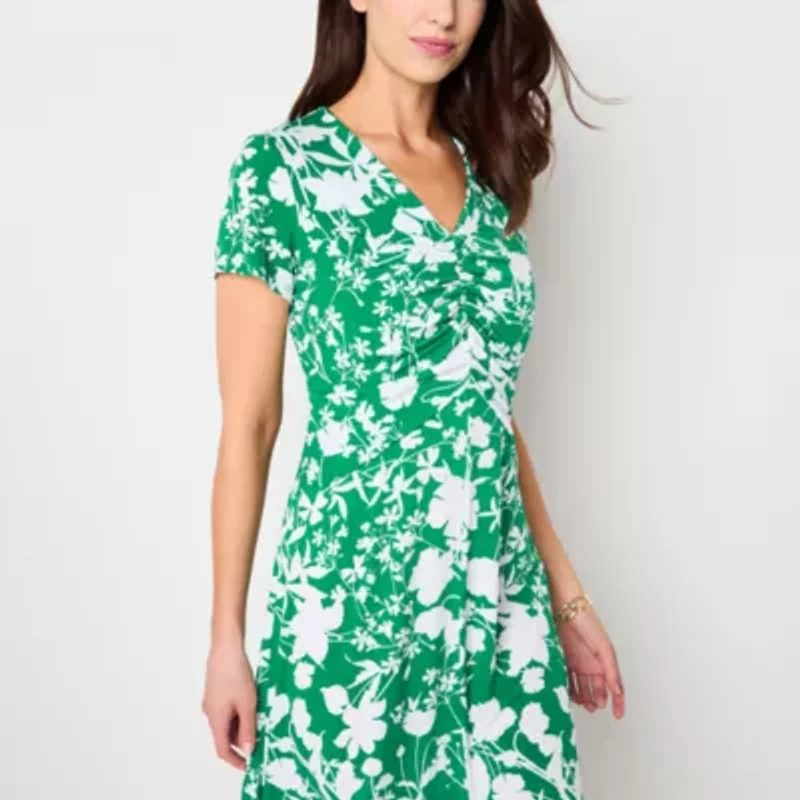 Perceptions Womens Short Sleeve Floral Midi Petite Fit + Flare Dress
