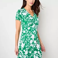 Perceptions Womens Short Sleeve Floral Midi Petite Fit + Flare Dress