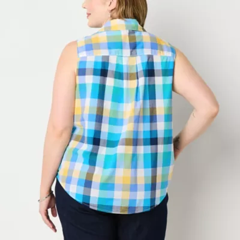 St. John's Bay Womens Plus Sleeveless Regular Fit Button-Down Shirt
