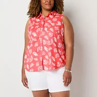 St. John's Bay Womens Plus Sleeveless Regular Fit Button-Down Shirt