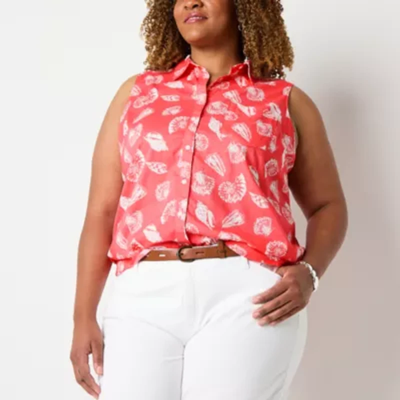 St. John's Bay Womens Plus Sleeveless Regular Fit Button-Down Shirt