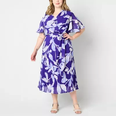 Liz Claiborne Womens Short Sleeve Floral Midi Wrap Dress Plus