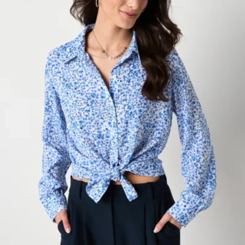 by&by Womens Long Sleeve Drop Shoulder Regular Fit Juniors Button-Down Shirt