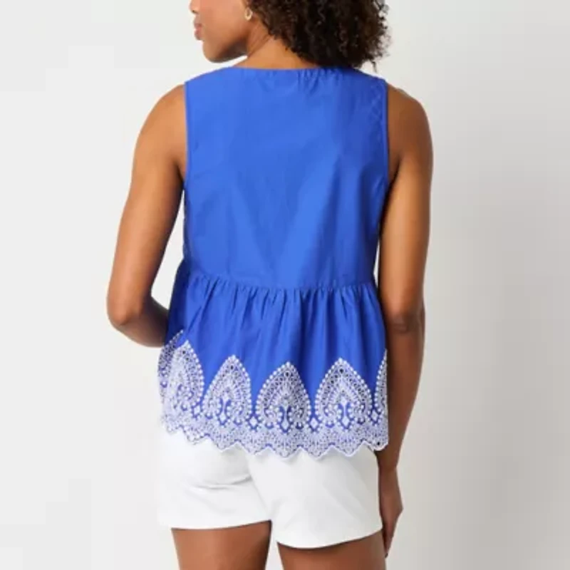 St. John's Bay Womens Split Crew Neck Sleeveless Embroidered Blouse