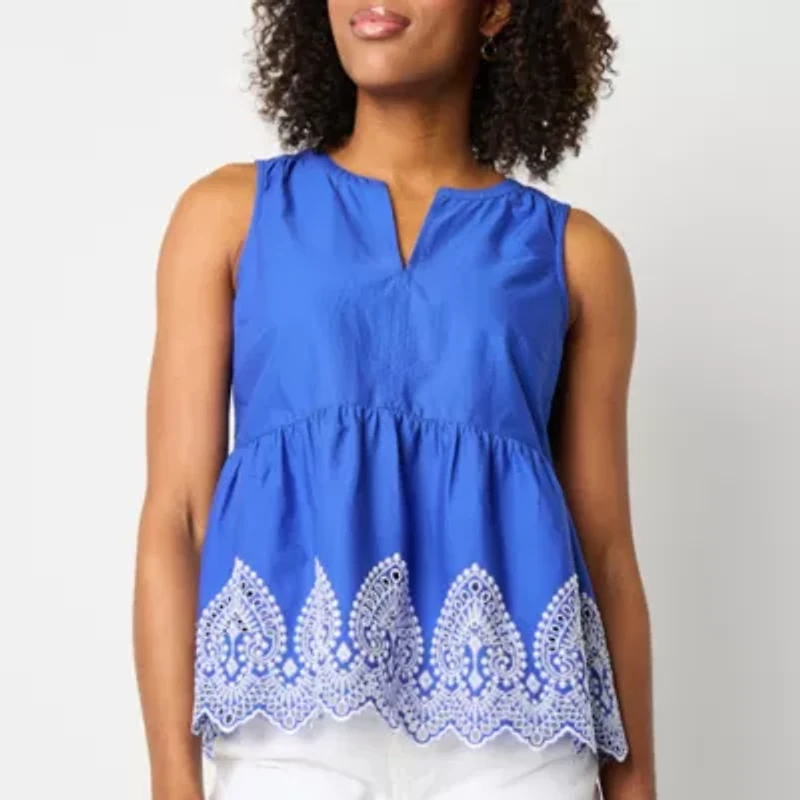 St. John's Bay Womens Split Crew Neck Sleeveless Embroidered Blouse