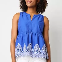 St. John's Bay Womens Split Crew Neck Sleeveless Embroidered Blouse