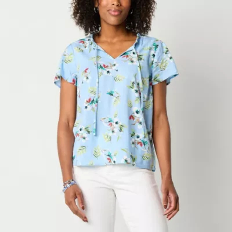 St. John's Bay Womens Split Crew Neck Short Sleeve Blouse