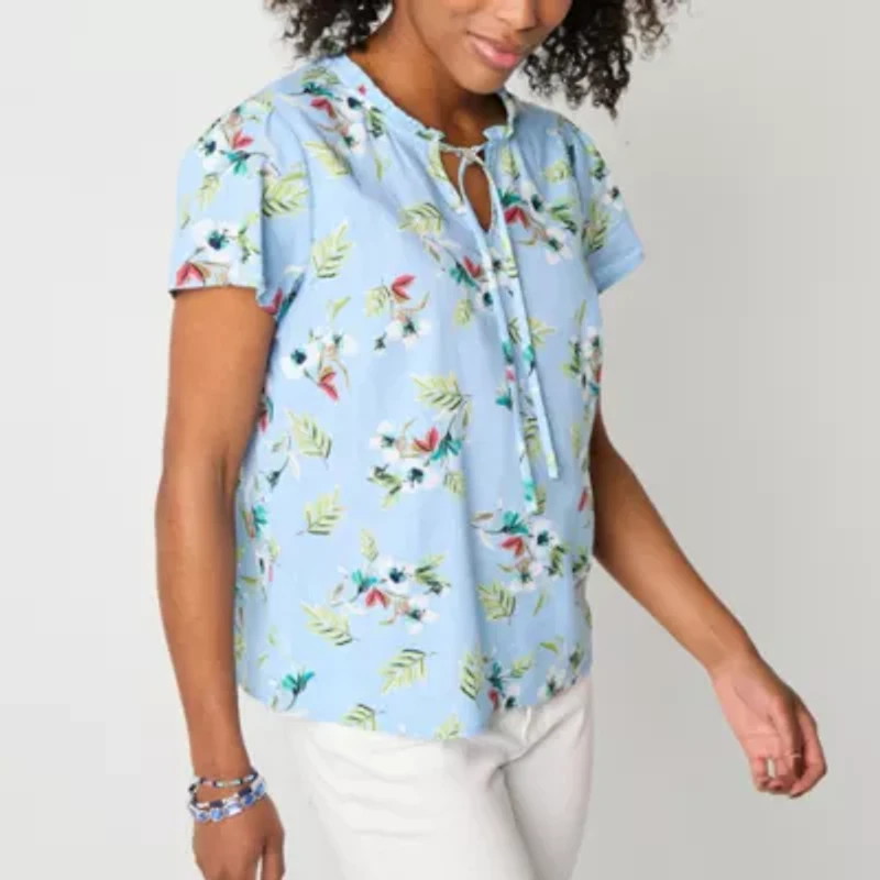 St. John's Bay Womens Split Crew Neck Short Sleeve Blouse