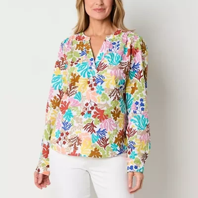 St. John's Bay Womens Split Crew Neck Long Sleeve Blouse