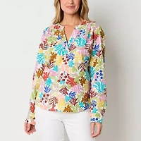 St. John's Bay Womens Split Crew Neck Long Sleeve Blouse