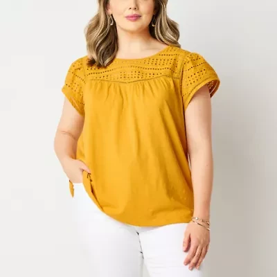 St. John's Bay Womens Plus Crew Neck Short Sleeve Embroidered Blouse