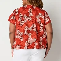 St. John's Bay Womens Plus Split Tie Neck Short Sleeve Blouse