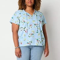 St. John's Bay Womens Split Tie Neck Short Sleeve Plus Blouse