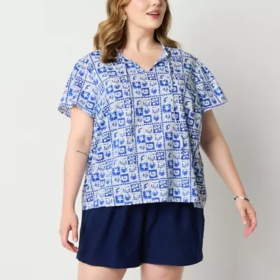 St. John's Bay Womens Split Tie Neck Short Sleeve Plus Blouse