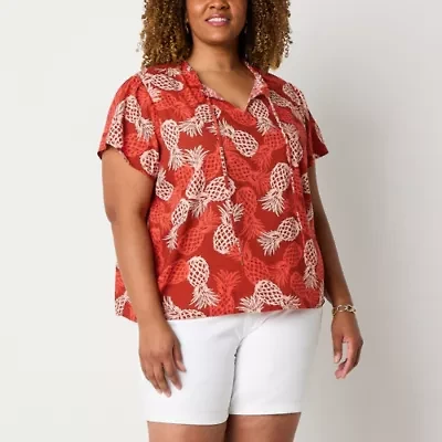 St. John's Bay Womens Plus Split Tie Neck Short Sleeve Blouse