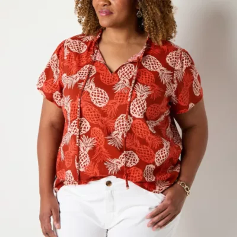 St. John's Bay Womens Plus Split Tie Neck Short Sleeve Blouse