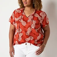 St. John's Bay Womens Plus Split Tie Neck Short Sleeve Blouse