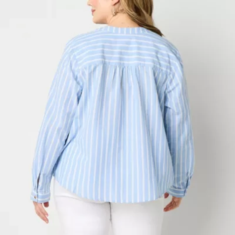 St. John's Bay Womens Plus Split Crew Neck Long Sleeve Blouse