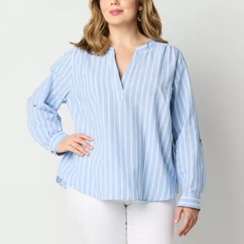 St. John's Bay Womens Plus Split Crew Neck Long Sleeve Blouse